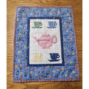 Teacup Quilted Wall Hanging 14” x 11” Cotton Handstitched Opaque Thread Accent